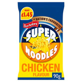 Batchelors Super Noodles Chicken Flavour Instant Noodle, 90g, RRP £1.45—"The Nation's Favourite." Enjoy a quick and tasty meal with the classic chicken flavour of Batchelors Super Noodles.